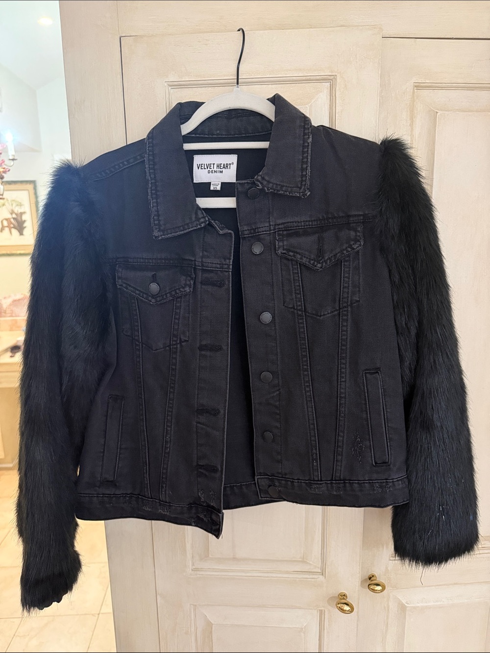 Velvet Heart Black Washed Denim Jacket with Faux Fur Trim